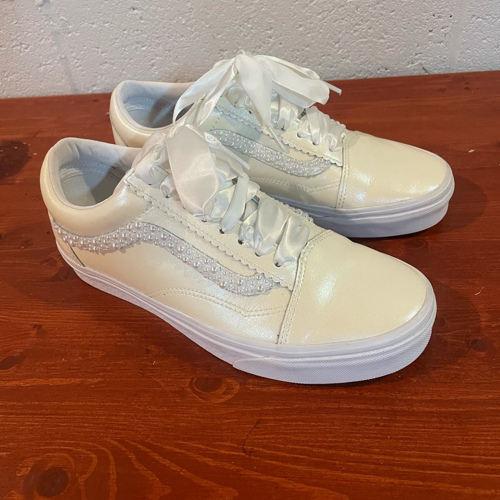 Custom Pearl Old Skool Vans Women's Sneakers with Satin Laces